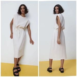 NWT Zara MIDI Dress With Drawstring. Women's Size Medium. 97% cotton & 3% Elasta